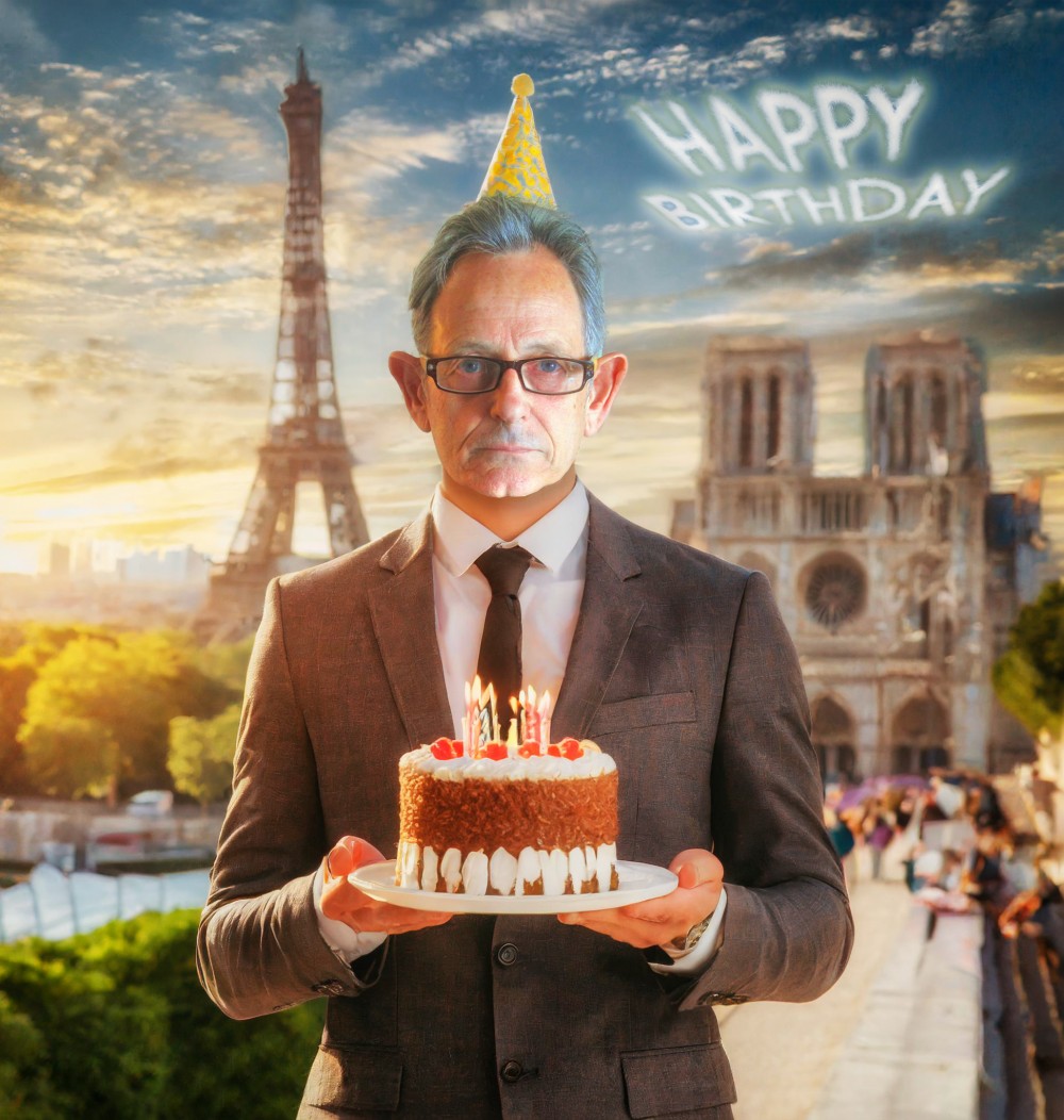 Homer Flynn in Paris holding a birthday cake.